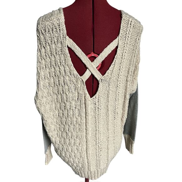 By Together Womens Small 100% Cotton Mix Media Cream Cable Knit V Neck Sweater - Picture 3 of 7